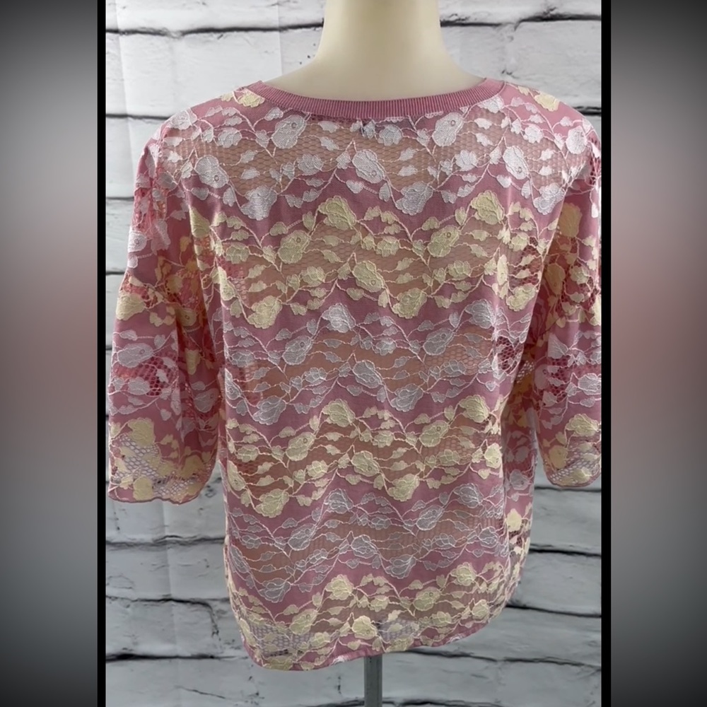 ZARA Blouse Pink Short Bell Sleeve Lace Crop Ribbed Round Neck Sheer Top… - Picture 11 of 15